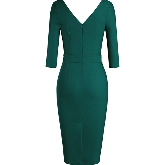 Women's Green Faux Wrap V Neck 3/4 Sleeve ruched Work Belted knee length dress - Picture 3 of 9